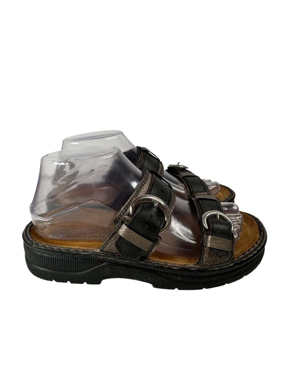 Naot Leather Slide Sandals Double Buckle Brown Black Footbed Womens 6